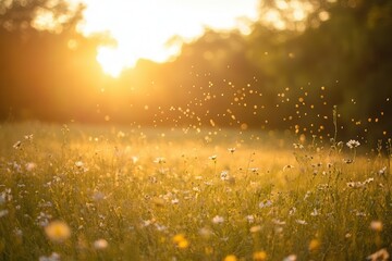 Obraz premium family enjoying sunset picnic in blooming wildflower meadow, candid moment of joy with soft golden backlight and bokeh effect