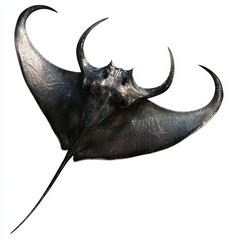 Naklejka premium Unique Black Manta Ray Swimming Gracefully in Clear Water with Soft Lighting and Intricate Patterns