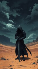 A mysterious figure stands in a desert landscape at dusk.

