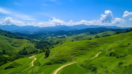 Naklejka premium Lush green terraced rice paddies in mountainous region under a bright blue sky; ideal for travel brochures