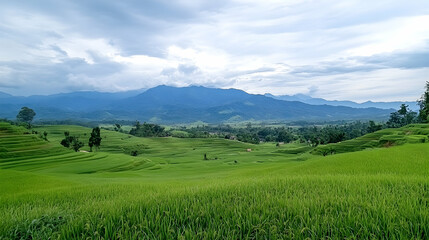 Obraz premium Lush green rice terraces, mountain backdrop, rural Vietnam, idyllic landscape, perfect for travel brochures