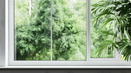 Lush green trees viewed through window, indoor plant, home interior