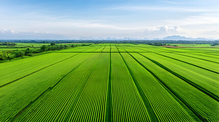 Lush green paddy fields, aerial view, rural landscape, agricultural farming