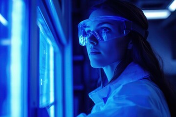 female industrial engineer in smart protective gear operating holographic controls in advanced manufacturing facility, bathed in cool blue light