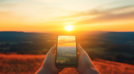 Fototapeta premium Person capturing vibrant sunset with smartphone, highlighting the blend of technology and nature.