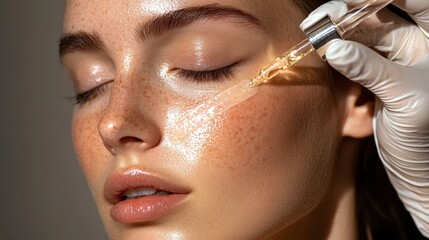 Glowing Skin Treatment with Serum Application on Beautiful Freckled Face in Professional Spa Setting