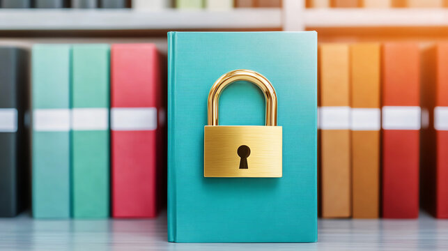 Padlock on teal book symbolizes knowledge protection amidst blurred library backdrop.