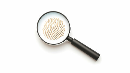 Magnifying glass examining fingerprint detail on white background; forensic science illustration