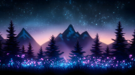 Fototapeta premium Magical mountain sunset, glowing wildflowers, starry night sky; ideal for fantasy, nature, or travel websites