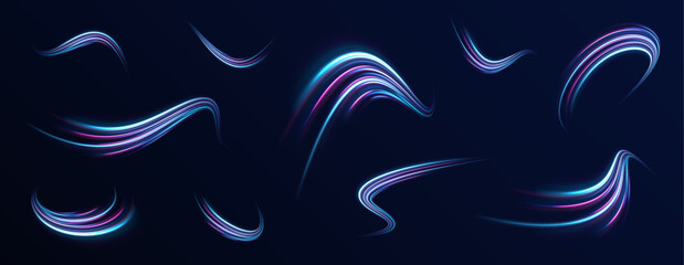 Obraz premium Laser beams luminous abstract sparkling isolated on a transparent background. Abstract background in blue and purple neon glow colors. Png, lens, light, neon, line, blur, beam, ray.