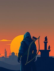 Archer silhouetted against sunset with historic landmarks.

