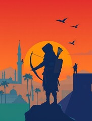 Archer silhouetted against a vibrant sunset landscape.

