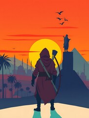 "Silhouette of a hooded archer against sunset."

