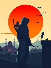 A mysterious figure stands against a vibrant sunset.

