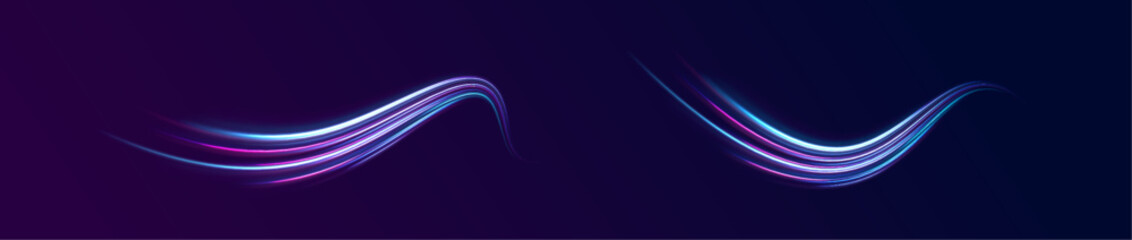 Neon stripes in the form of drill, turns and swirl. Speed of light concept background. Abstract background rotational border lines, png, effect, wave,neon,line. 