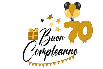 Fototapeta premium vettoriale testo di buon compleanno con palloncini regalo e numero 70