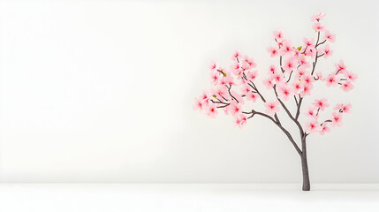 Obraz premium Minimalist pink cherry blossom tree against white wall; spring, serenity, nature; website banner