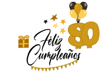 vector de texto feliz cumpleaños con globo y regalos y el número 80