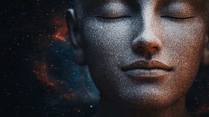Cosmic face with serene expression, symbolizing mind exploration and cosmic connection in starry universe.