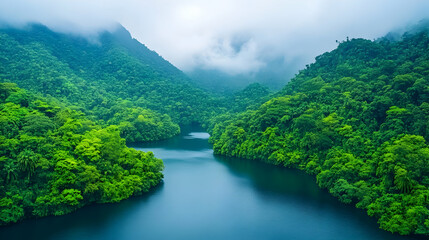 Misty mountain lake, lush green valley, tranquil scene, nature background, ideal for travel brochures