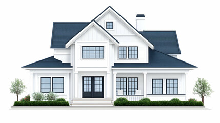 Modern farmhouse design, white exterior, blue roof, landscaped yard, ideal for real estate listings