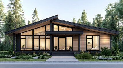 Fototapeta premium Modern house design, forest setting, evening light, architectural visualization, real estate marketing