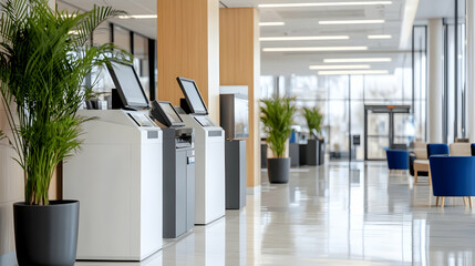 Modern office lobby with self-service kiosks, waiting area, and plants