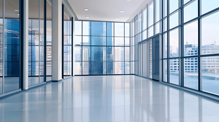 Fototapeta premium Modern office space, city view, empty room, panoramic windows, business real estate