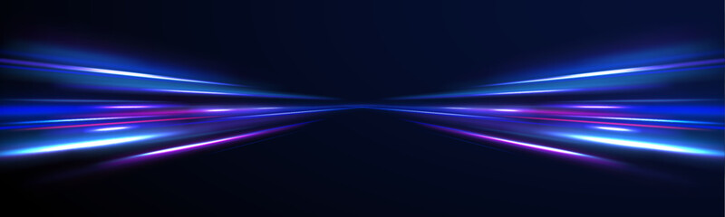Horizontal speed lines connection vector background. Futuristic dynamic motion technology blue glowing lines air flow effect.  Racing cars dynamic flash effects city road with long exposure. 