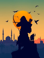 Silhouetted archers stand against a colorful sunset backdrop.

