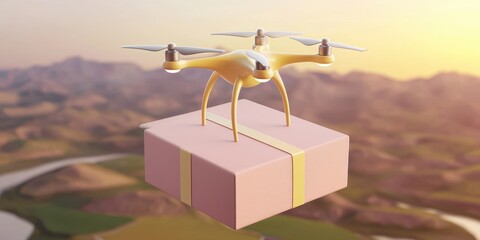 Fototapeta premium Drone Delivering Package Over Scenic Landscape View