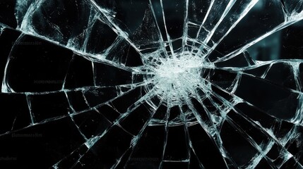 A shattered window with a spider web pattern