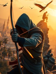 Archer poised on a cliff at sunset.

