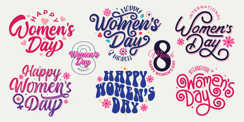 Women's Day Typography Set Vector Illustration. Happy Women’s Day Lettering Designs for T-Shirts, Cards, stickers, tags, Posters, Banners. March 8, International Women's Day Bundle logotype