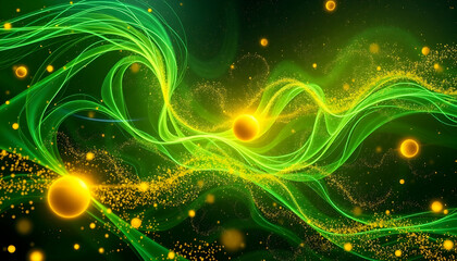 Fototapeta premium Abstract energy waves, glowing neon yellow and green, cosmic background, swirling light trails, particle effects, dynamic motion, ethereal atmosphere, vibrant colors, digital art, futuristic, space-in