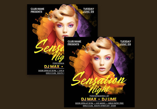 Sensation Night Party, Editable Flyer or Poster for Disco, Club and Night Events. 