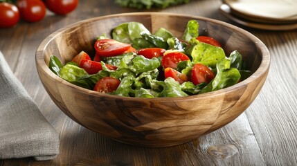 Healthy fresh vegetable salad in a rustic wooden bowl, styled on a warm wooden table for a wholesome dining experience.