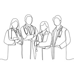 Continuous line drawing of team of doctors.. One line art of health care concept. Vector single line art group portrait of doctors.