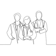 Continuous line drawing of team of doctors.. One line art of health care concept. Vector single line art group portrait of doctors.