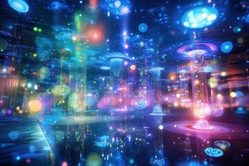 Fototapeta premium futuristic alien cityscape with bioluminescent structures, ethereal light patterns, and floating geometric shapes in deep space