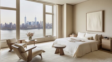 Luxury Manhattan bedroom suite overlooking river & cityscape; serene interior design, ideal for real estate marketing