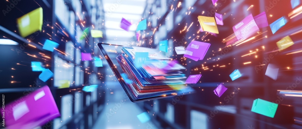 Poster digital data transfer through vibrant floating files in storage