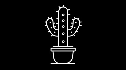 Minimalist line art illustration of a cactus in a pot on a black background.