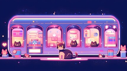 Obraz premium Feline Retro Game, Whimsical Cat Playing at a Retro Arcade Machine in a Neon-Lit Pixel Room