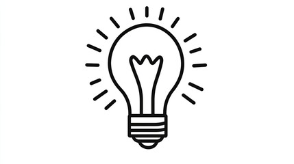 Simple line drawing of a lightbulb with rays, symbolizing idea, innovation, inspiration, and solution.