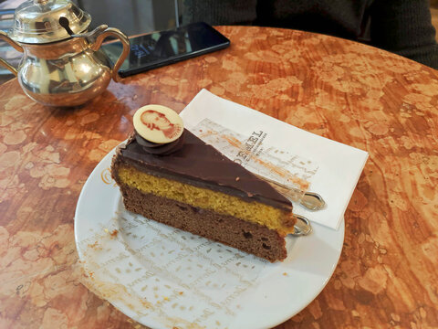 Nov 28, 2019. A slice of a Sachertorte cake, one of the most famous Viennese culinary specialties. The renowned Demel pastry shop in Vienna, Austria, Europe.