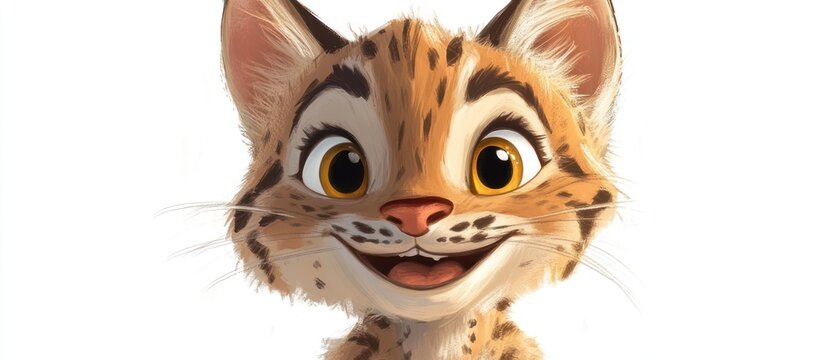 Cute bobcat kitten smiles; white background; children's book