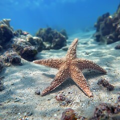 Vibrant Starfish Resting on Sandy Ocean Floor Surrounded by Coral and Marine Life in Clear Blue Water