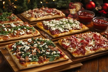 Gourmet Holiday Pizza Bar with Specialty Pizzas and Rustic Wooden Serving Boards