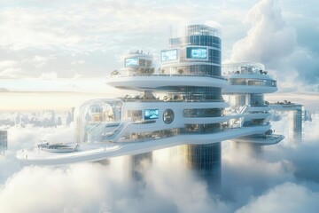 futuristic mega-hospital complex floating in clouds, with glass bridges connecting modular medical pods, holographic signage, and automated transport systems, 3d architectural visualization